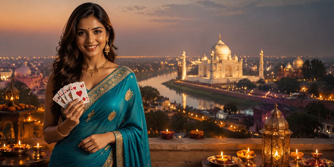 Agra Taj Mahal view with rummy and saree theme