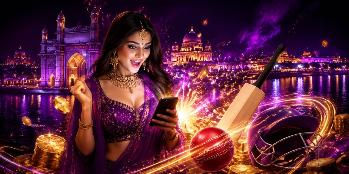 Lucknow Old City nightlife with neon cricket betting theme