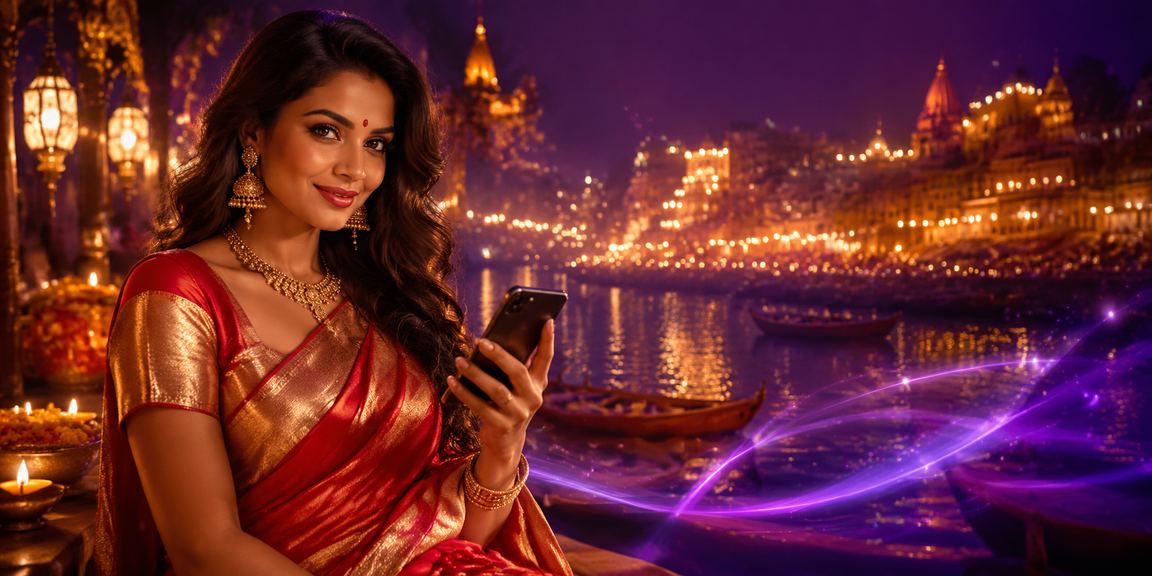 Mobile rummy gameplay in Varanasi near the Ghat